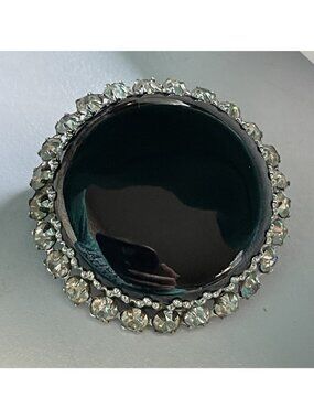 Vtg Signed West Germany  Rhinestone Black Round Glass Brooch Pin Silver-Tone